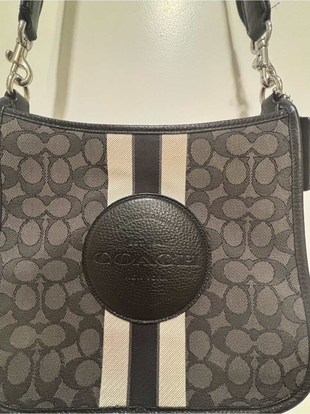 Coach Black and Cream Signature Stripe Shoulder Bag